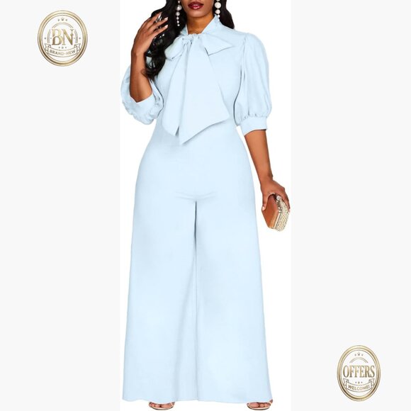 Polyster Plus Size Jumpsuit Bowknot Full Length Wide Leg Romper